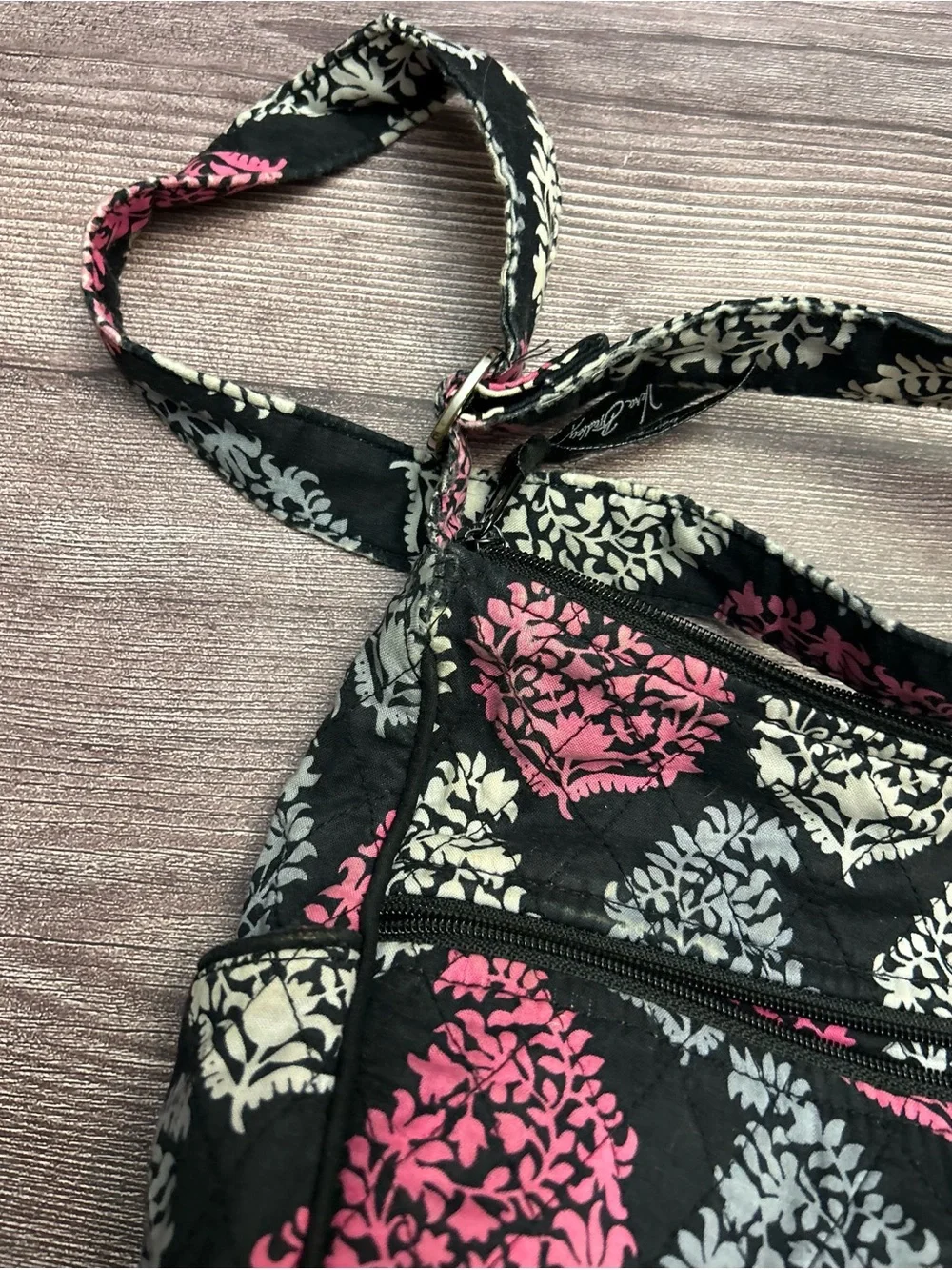 Vera Bradley Black Crossbody with Pink and Gray Floral Medallions